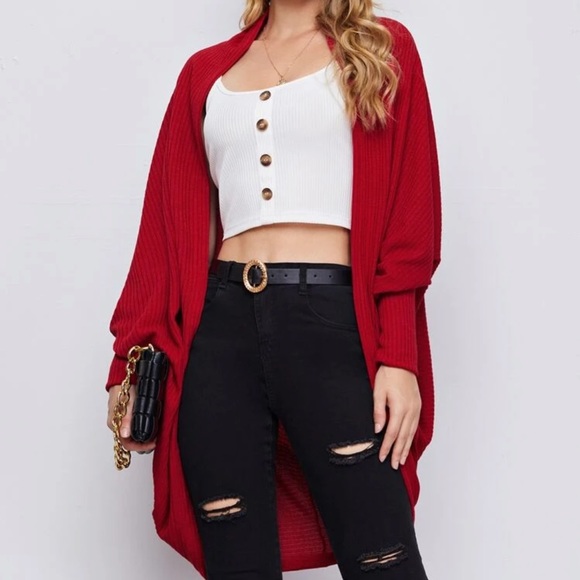 Sweaters - Soft rib knit cardigan sweater dolman sleeve red